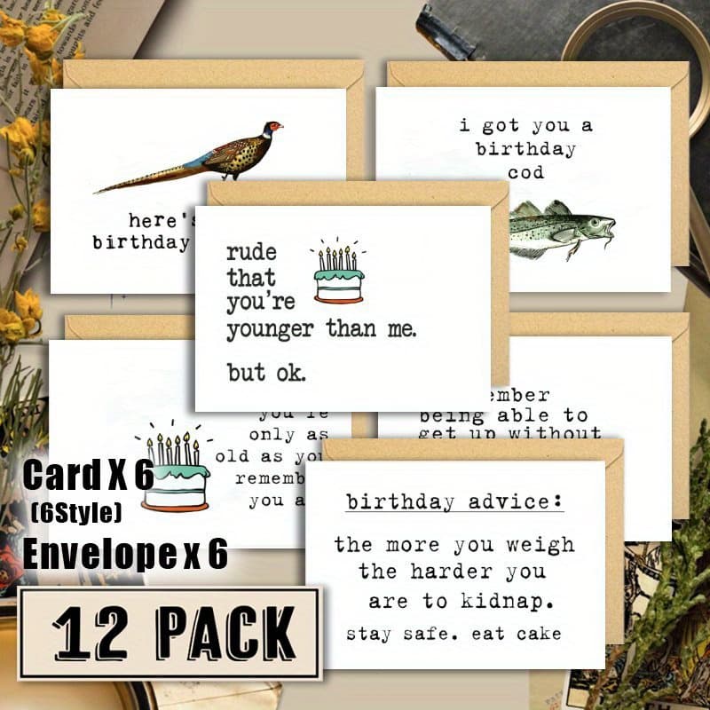 TEMU 12 Funny Birthday Cards Set - Fantasy Designs, Cards For
