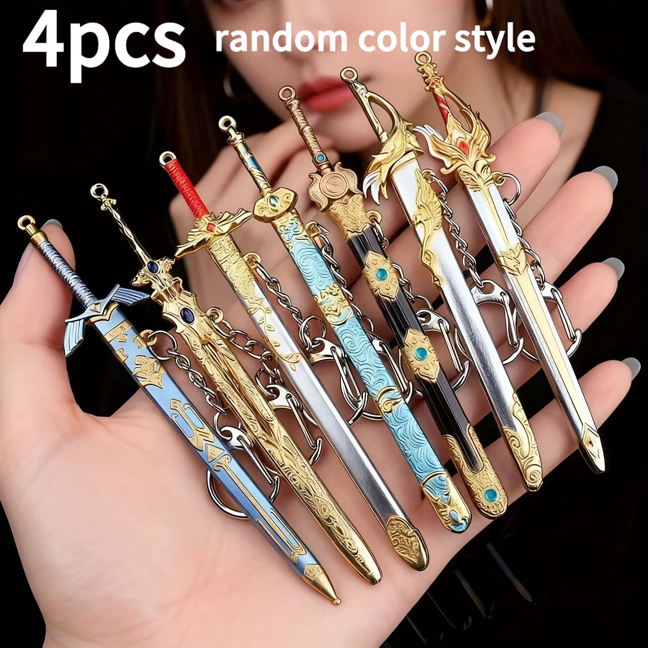 TEMU 4pcs Random Style Alloy Sword Models - Five-claw Golden With Sheath, Alloy Vintage Sword Model, Anime Game Merchandise Collection