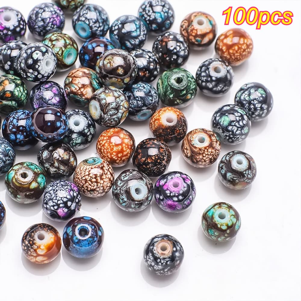 TEMU 100pcs 8mm Starry Night Marble Glass Beads With Compartment Storage Box - (black/ Blue/ Green/ Brown) For Making, Bracelets, Necklaces, Craft Supplies | Vibrant Design & Exquisite Pattern