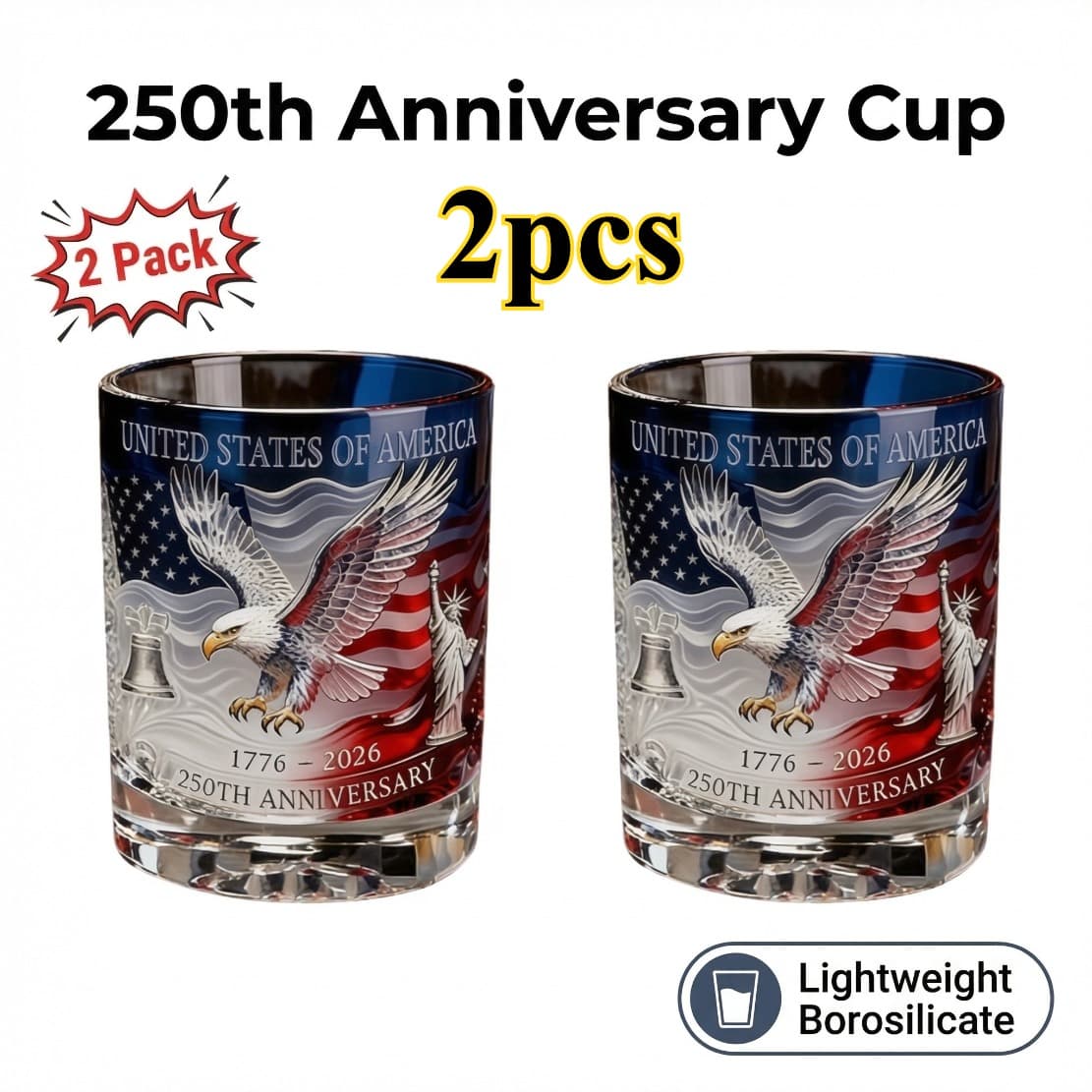 TEMU (2pcs Set) 250th Anniversary Whiskey Glassware - Memorial Gift, Suitable For Whiskey And Wine, Perfect As A Gift For Tableware Or Historical Themed Celebrations