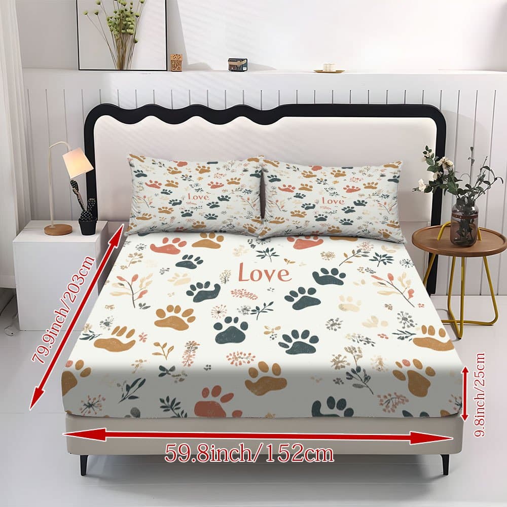 TEMU Vintage-style Distressed Paw Print Floral Bedding, Soft Sheet + Pillowcase 3pcs Set, Heart 'love' Pattern, Cozy Bedroom Decoration, A For Pet Lovers.