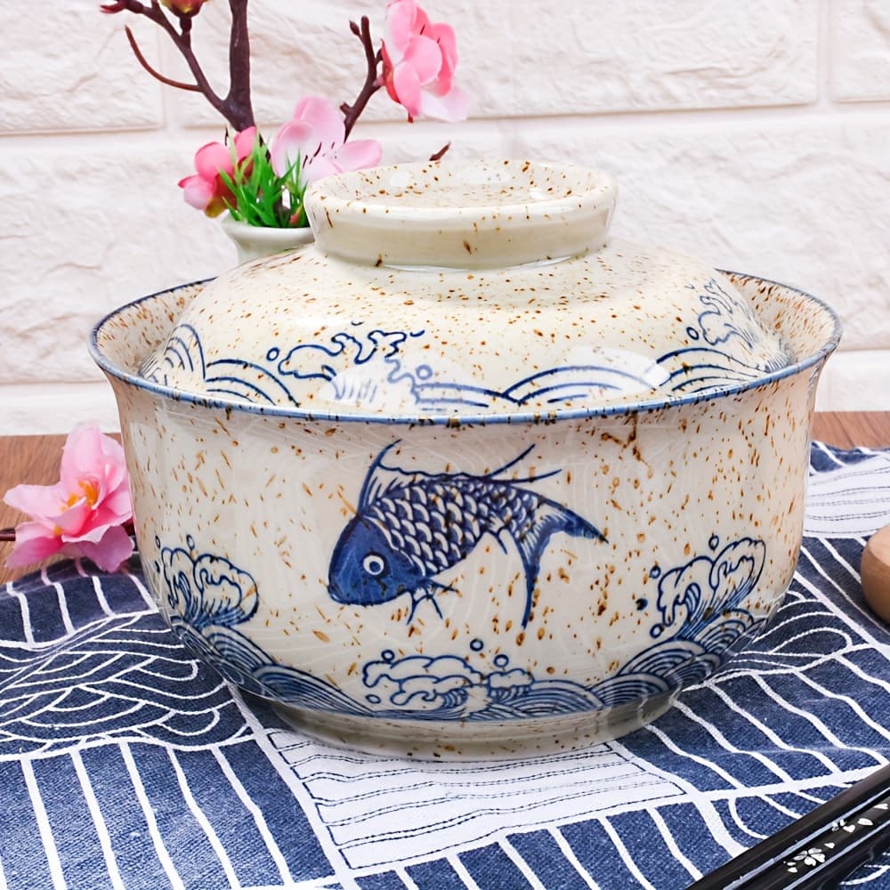 TEMU 1pc Ceramic Soup Bowl With Lid- 6.5inch Microwave Noodle Bowl, Blue And White Porcelain , Perfect For Ramen, , And , Soup Serving Plate | Wave Pattern Bowl | Ceramic Texture