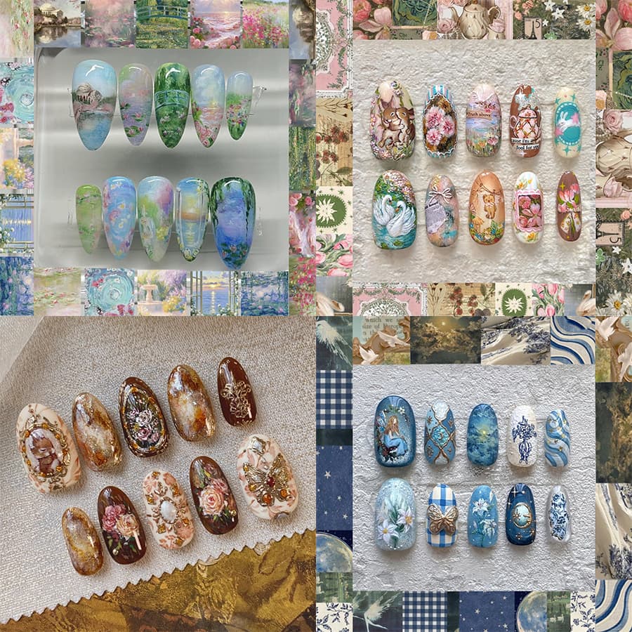 TEMU 96pcs/ 4pack Vintage Themed Press-on Nails - Mixed Shapes, Glossy End With Landscape Art, Whimsical Animal, Floral Frame And Patterns , Pink, Brown, Blue - Reusable Fake Nails For Manicure