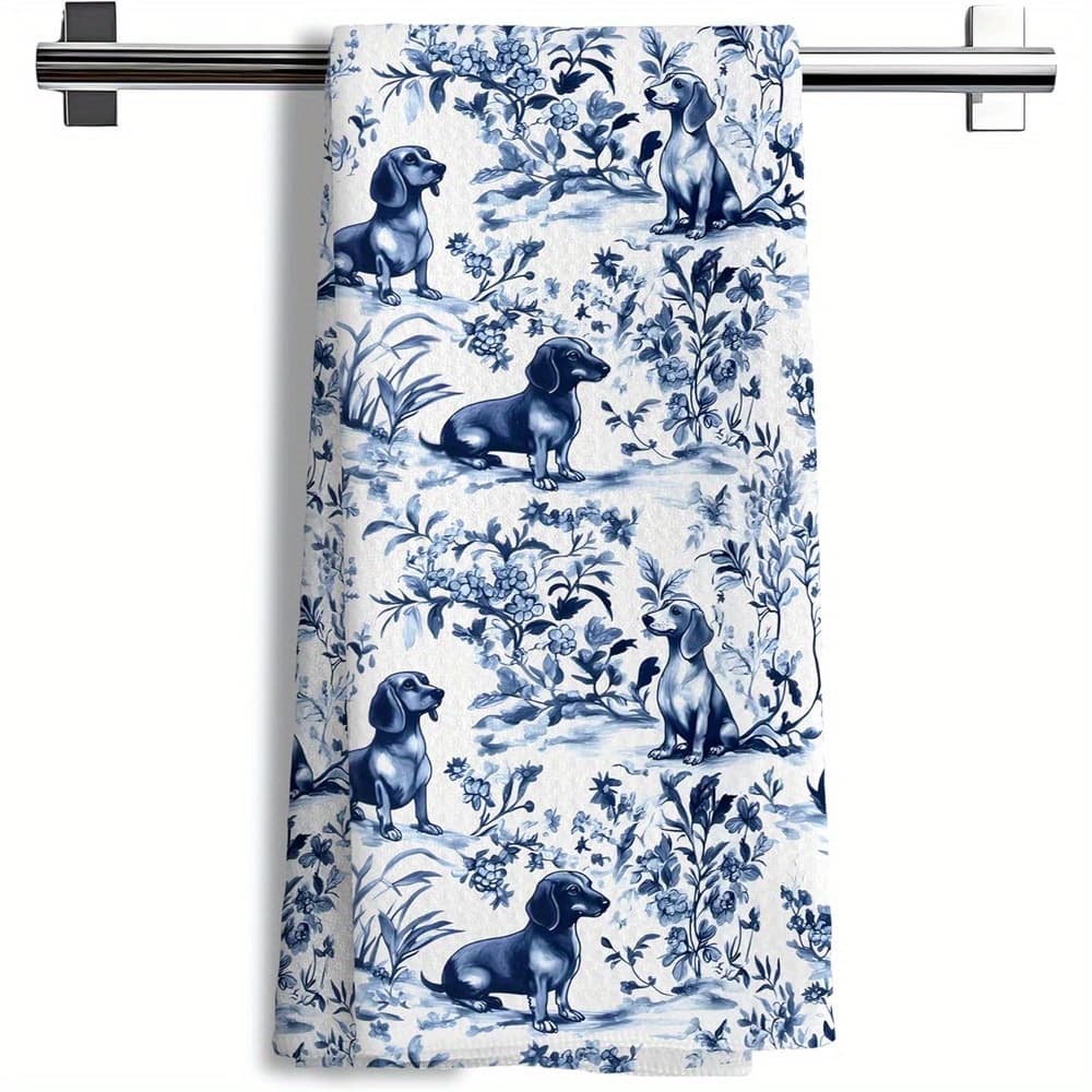 TEMU 2pcs Chinoiserie Dachshund Kitchen Towels, And White Floral Botanical Dachshund Decorative Dish Tea Towels, Hand Towels For Kitchen Bathroom, 16x24 Inch