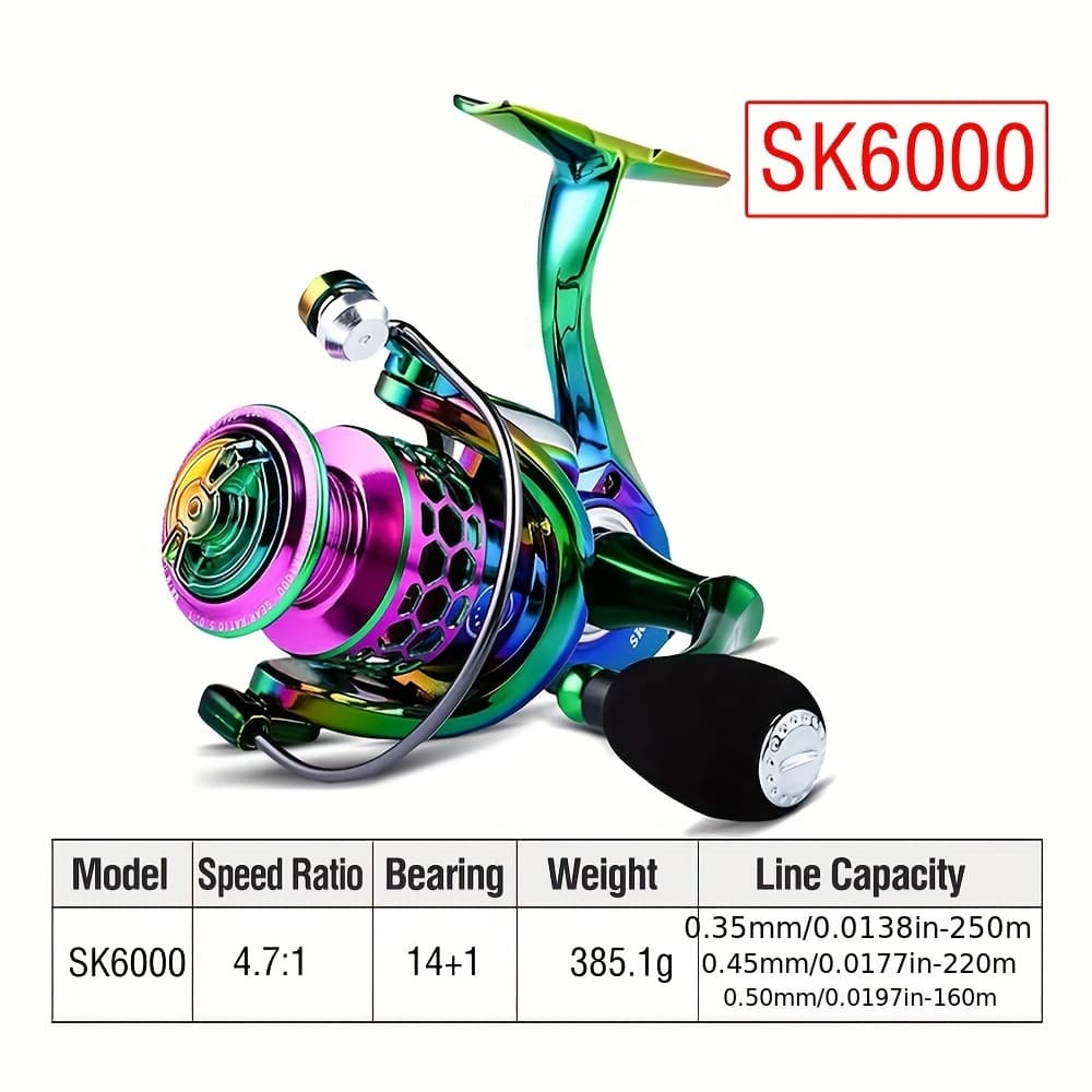 TEMU 1pc Fishing Reel, 14+1 Bearing Spinning Reel, 1000-6000 Series Long Casting Fishing Reel, Seamless Reel, Drag Power 55.12 Lbs, Metal Body, Suitable Saltwater And Freshwater Fishing