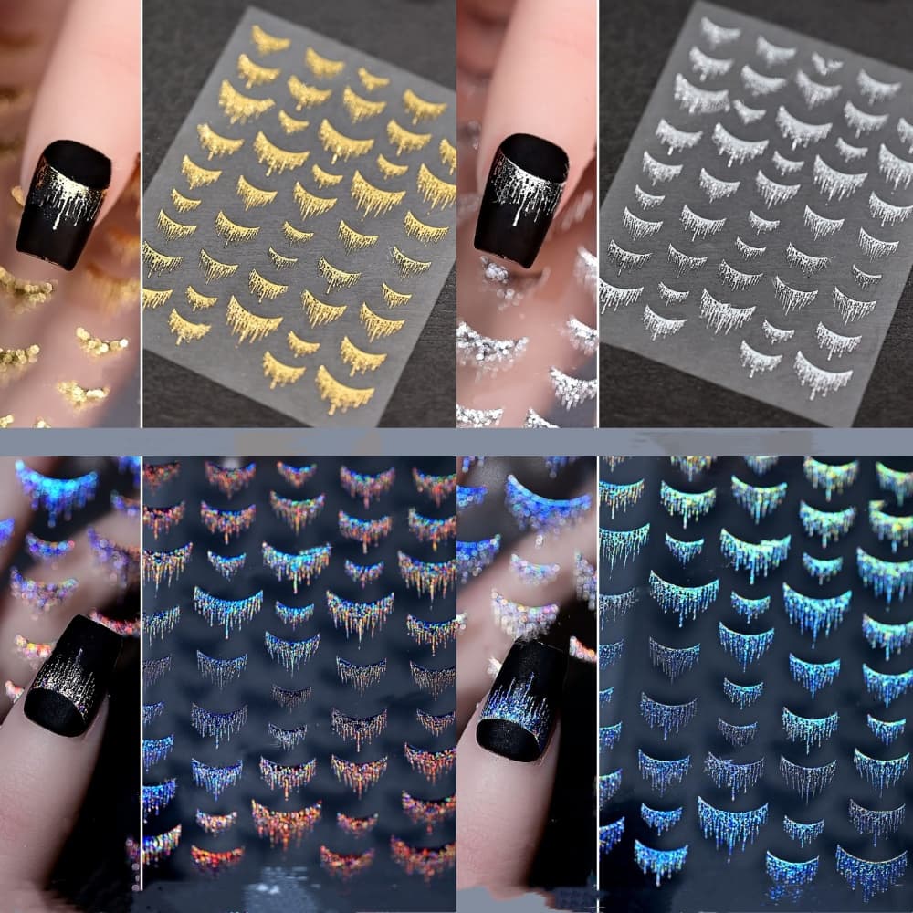 TEMU 4pcs Aurora Gradient French Nail Stickers With Crown And Tassel Patterns, Self Adhesive, Shining Effect, Disposable Paper Nail Stickers, , Waterfall Ladies Diy Nail Tool, Nail Sticker
