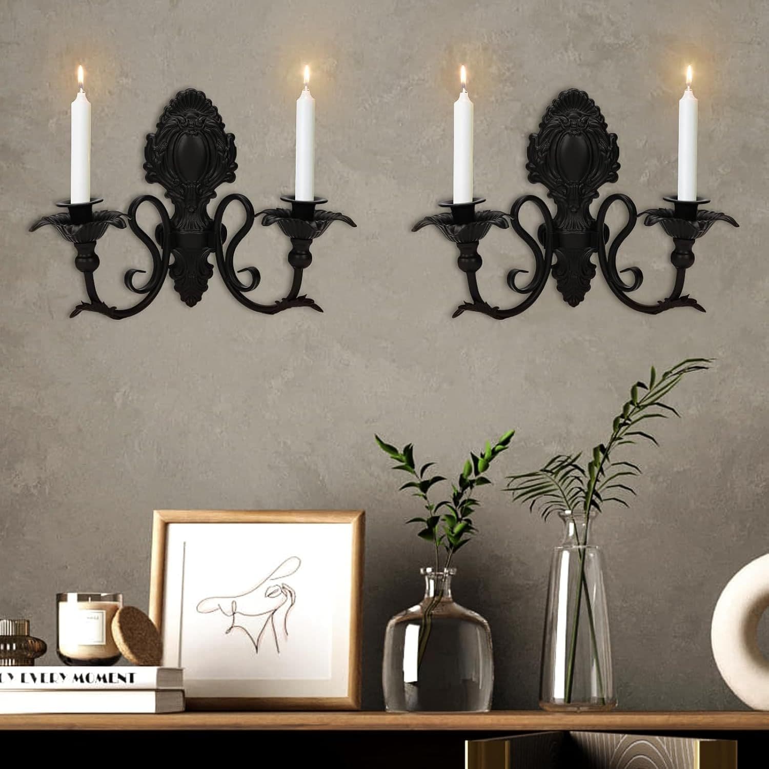 TEMU Set Of 2 Wall Candle Holder Metal Vintage Wall Mount For Living Room, Dining Room, Farmhouse, Fireplace, Wedding (black)