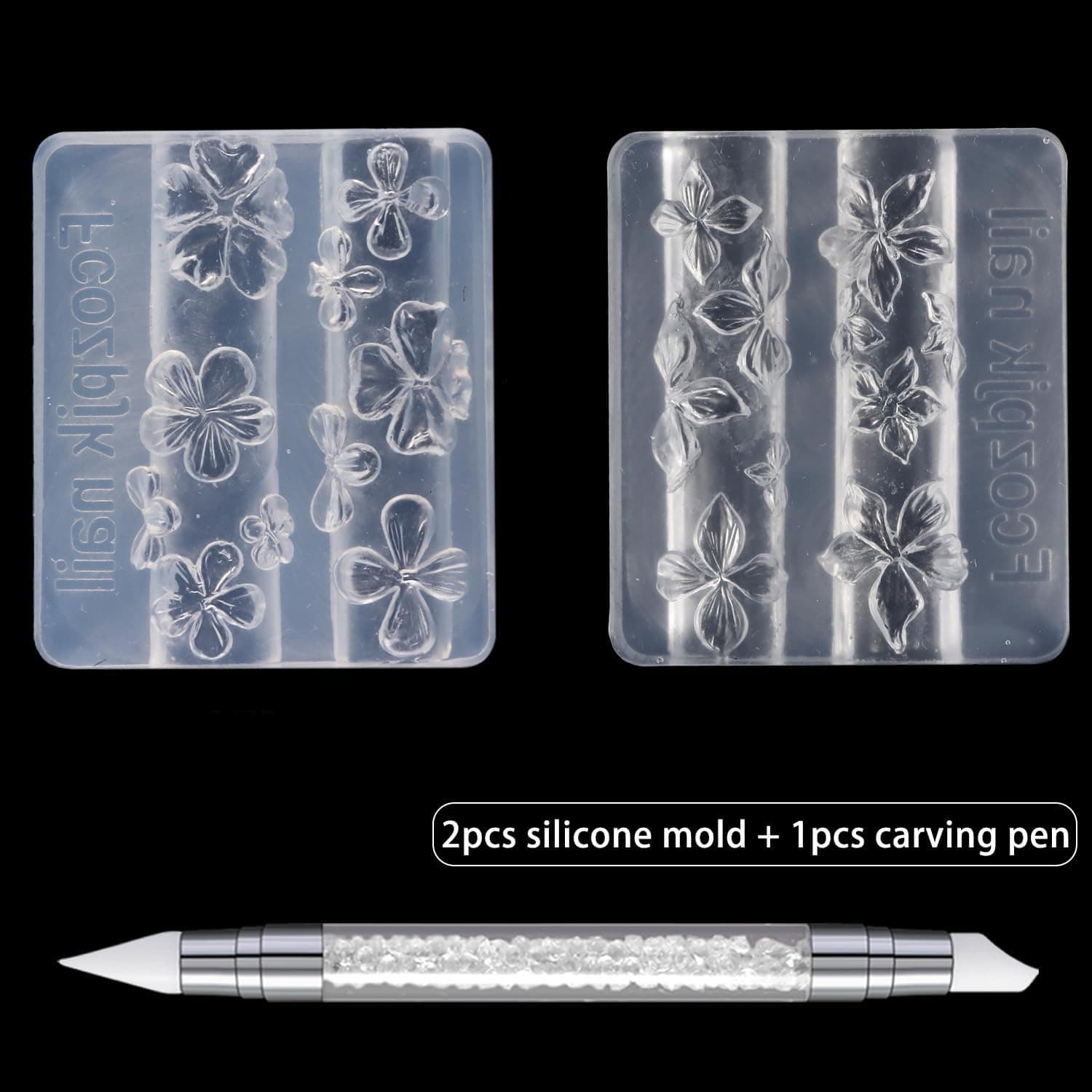 TEMU 3pcs Silicone Nail Art Molds, 3d Flowers Nail Charm Molds With Carving Pen Clear Modeling Templates Hibiscus Flowers Cherry Design Mold For Resin Epoxy Professional Supplies