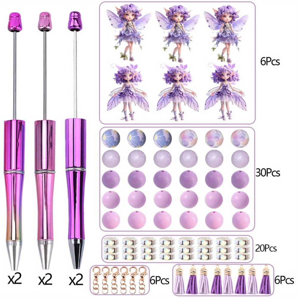 TEMU 6pcs New Hot Selling Purple Bead Set With Floral And Elf Designs, Wooden Shape, Silicone Decorative Bead -1mm Fine Tip, Suitable For Diy Office And School Writing Accessories