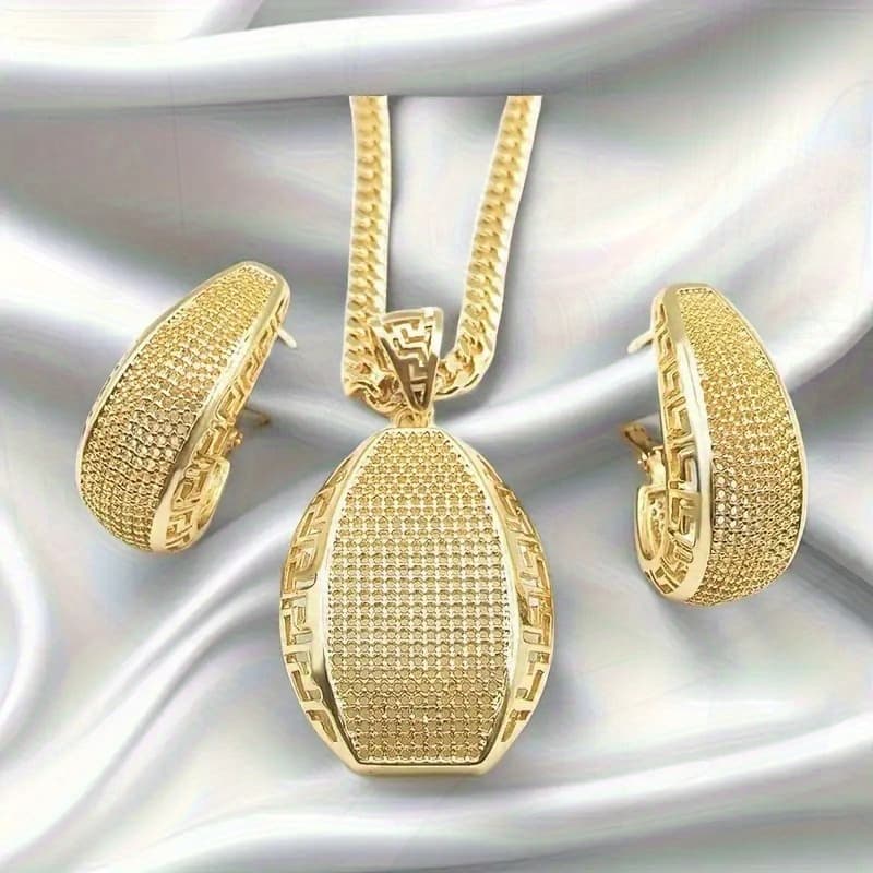 TEMU Ladies 18k Golden Plated Chain Necklace Set, Cubic Zirconia Pendant Necklace, Bridal Jewelry Gift Set, 3pcs Set With Earrings And Jewelry Box