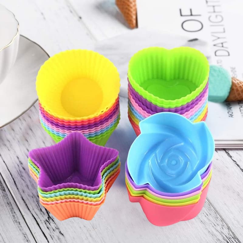 TEMU 24pcs Nonstick Silicone Baking Cups, Colorful Silicone Cupcake Liners, Easy Clean Pastry Muffin Molds 4 Shapes Round, Stars, Heart, Flowers, Baking Tools, Kitchen Accessories