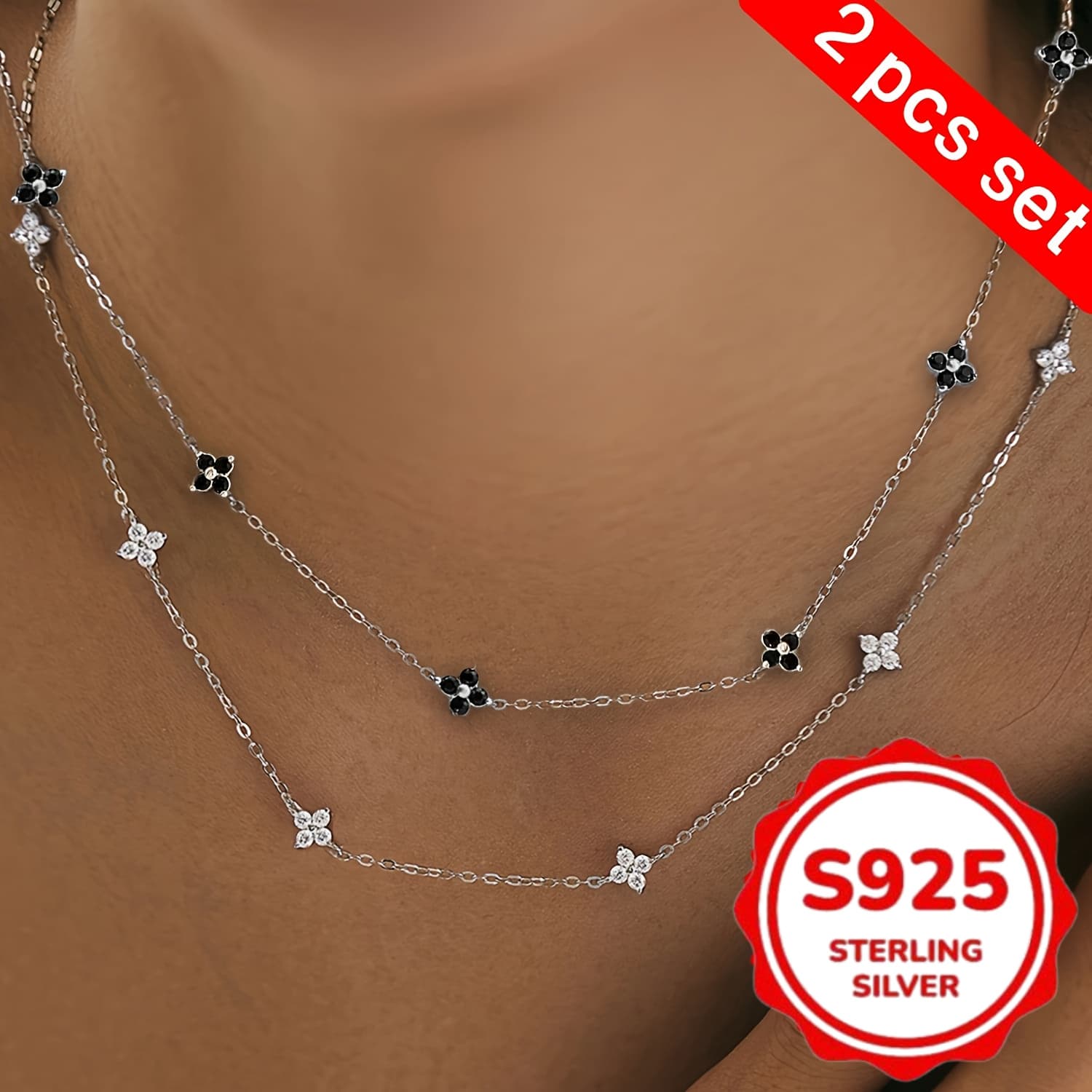 TEMU 2pcs 925 Silvery Chain Necklace, Decorated With Moissanite, Versatile And Chic For Daily Wear, Perfect For Christmas Gifts To Girlfriend Or