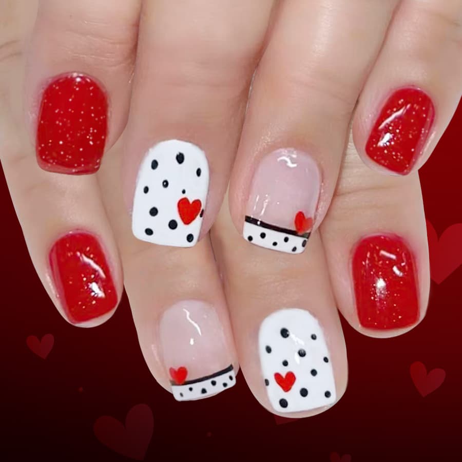 TEMU 48pcs Of Short Shiny Square Armor For European And American Valentine's Day French Polka Dot Glitter Wearing Armor, Red, White And Black Contrasting Valentine's Style Armor - Suitable For Women