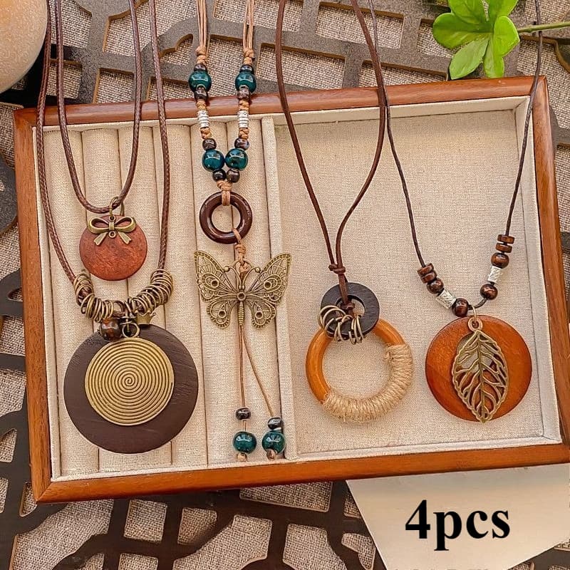 TEMU 4pcs Bohemian Necklace Set For - Wood & Alloy Pendants With , Leaf, Bead & Disc Charms - Bead Chains (brown/tortoiseshell) - Boho For Daily Wear, Parties & Vacations