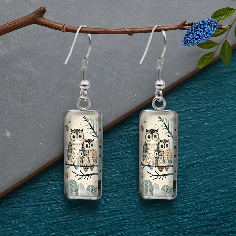 TEMU A Pair Of Square Owl Family Earrings, Stylish Handmade Glass Additions, Without Battery