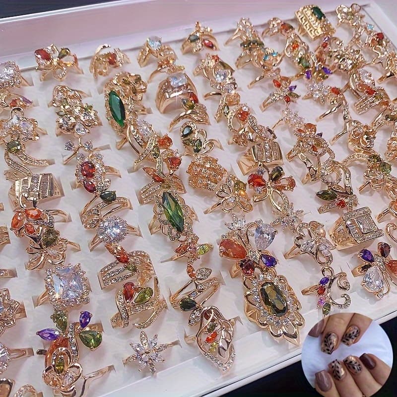 TEMU 20pcs Vintage Ring Set And 24pcs Autumn Winter Brown Press-on Nails Fake Nails Almond Press-on Acrylic Nails Glossy Yellow Nails