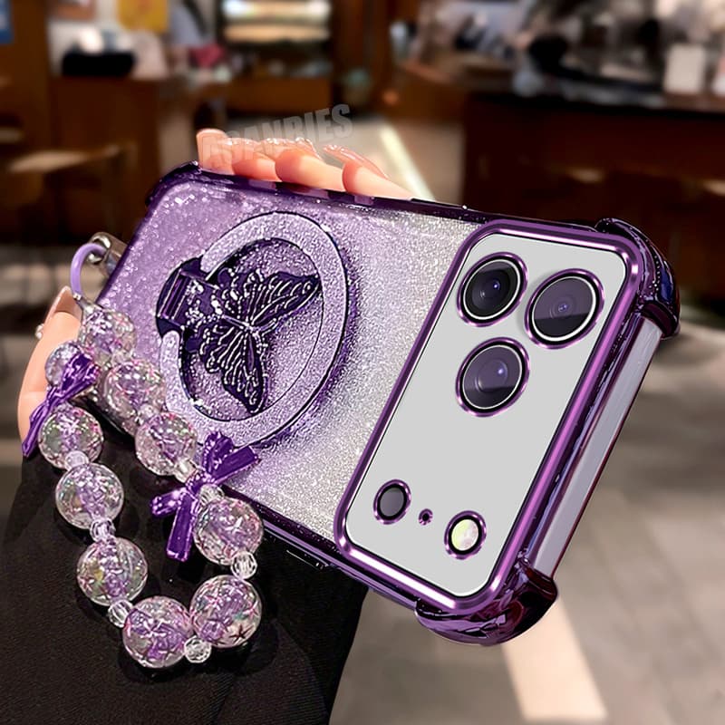 TEMU Phone Case: For Iphone17promax Luxury Bead Lanyard Chain Bracelet Glitter Bracket Folding Holder Gradient Plating Shockproof Phone Case For Iphone 17 Pro Max Stand Back Cover For 17promax