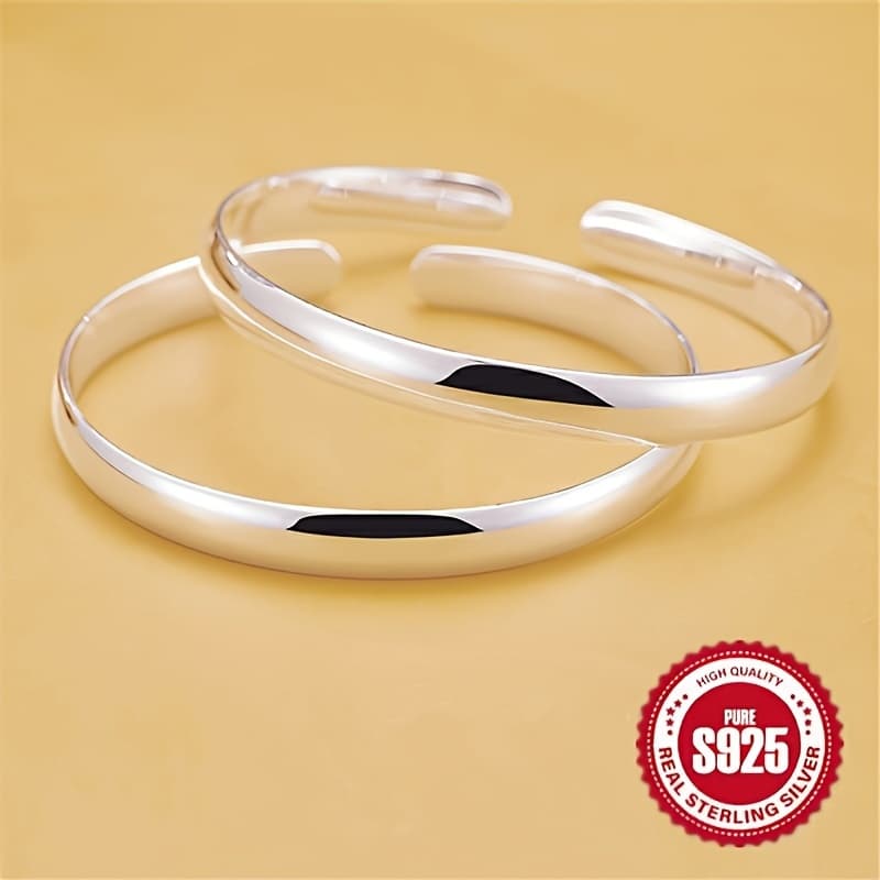 TEMU 2pcs 925 Sterling Silver Open Bangles | Hypoallergenic | Smooth And Shiny Surface | Suitable For Projects | Ideal Gifts For Holidays And Compatible With Styles