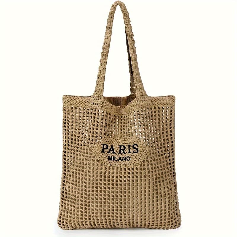 TEMU A Women's Knitted Tote Bag - Paris Letter Opening Shoulder Bag, Breathable Beach & Travel Bag, Hand Washable Fabric, Casual Shopping Accessory, Durable Woven Design, For Fashion Enthusiasts
