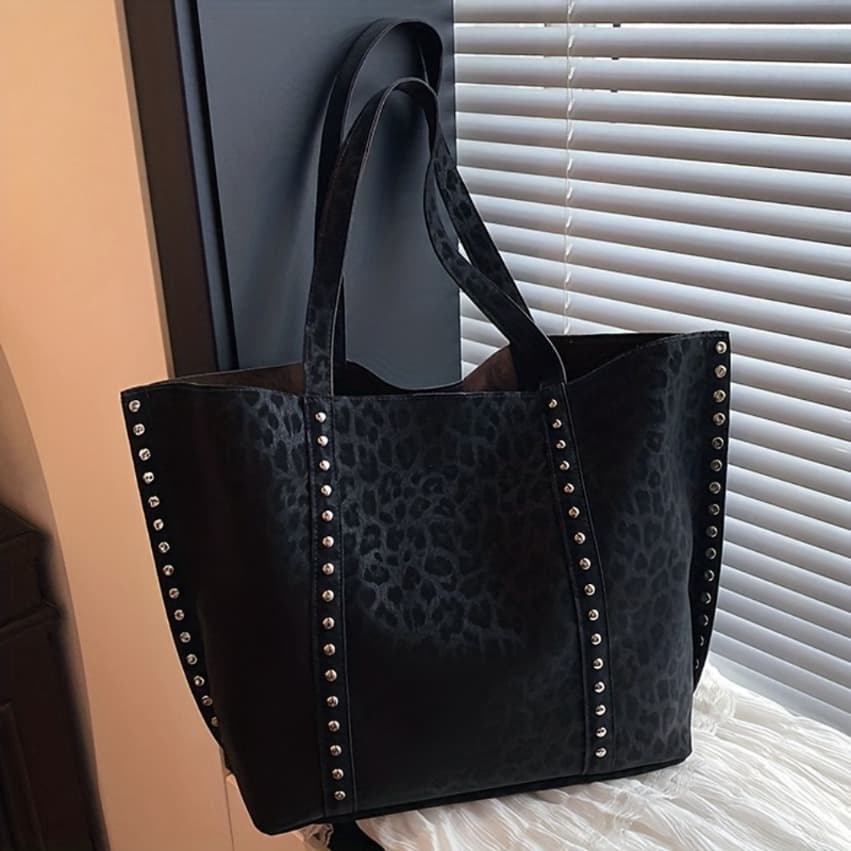 TEMU Women's Vintage Leopard Print Tote Bag With Closure & Wrist Strap - Retro Studded Shoulder Handbag Suitable For , Parties, Birthdays, Daily Use - Material, Closure, Strap, Gift, Clasp