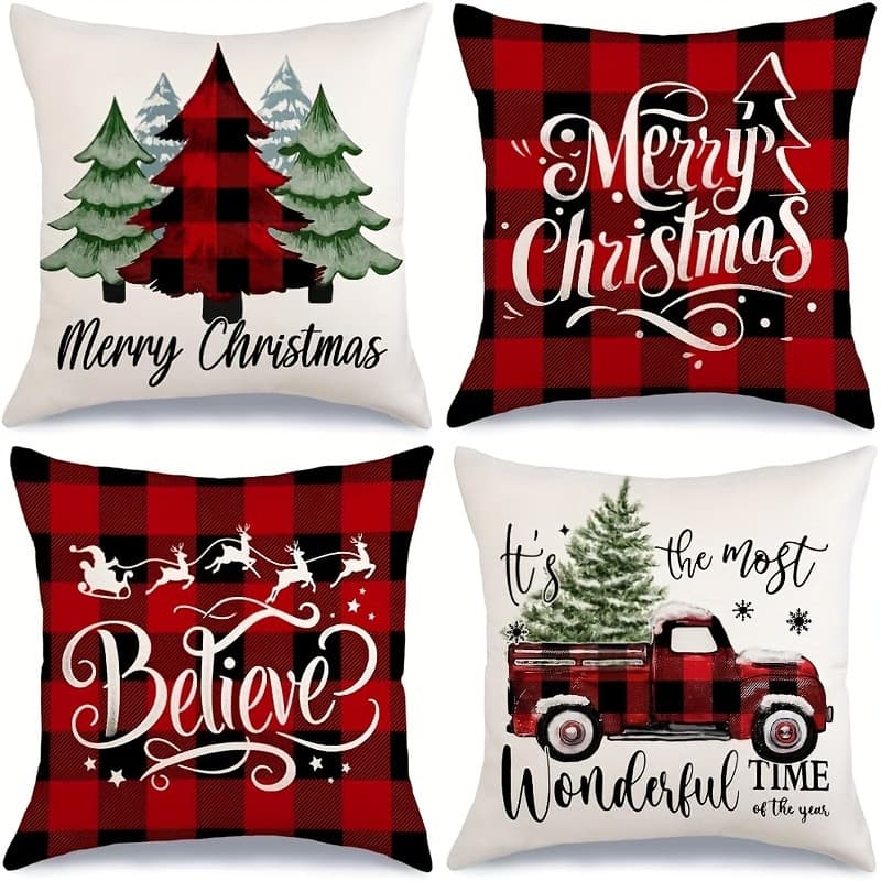 TEMU 4pcs Vintage Merry Christmas Pillow Covers, Truck & Design - Zippered Square Pillowcase With Print Pattern - 18x18inch, Perfect For Room Types - Pillow Inserts Not Included