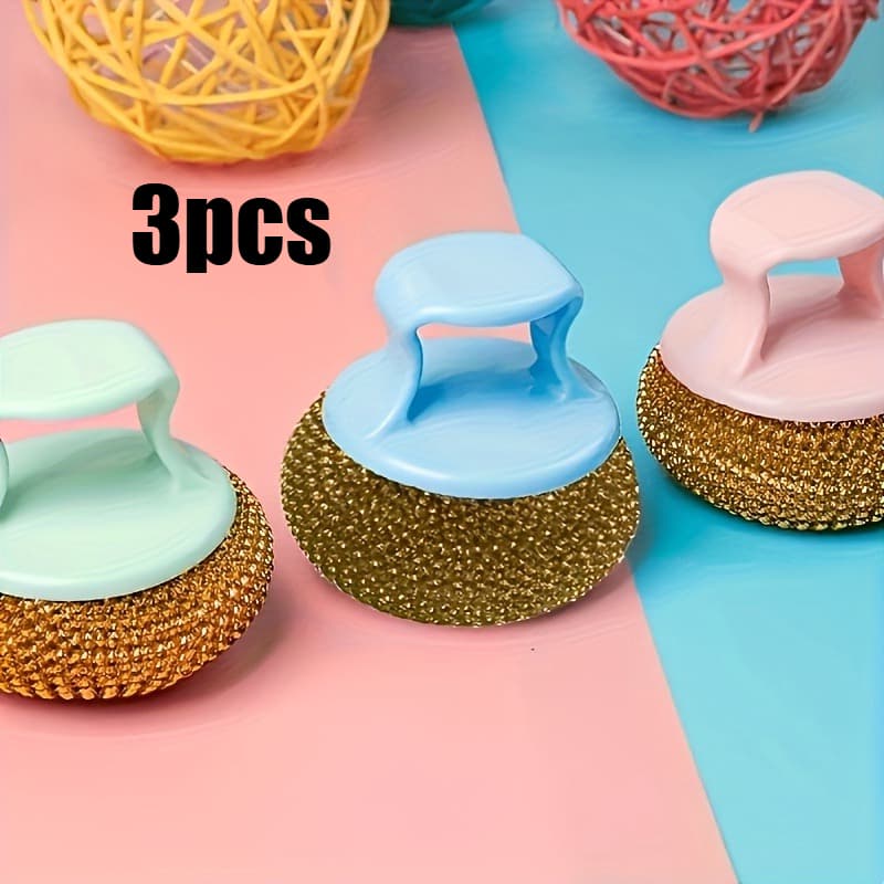 TEMU 3-pack Random Color Scrub Brush With Ergonomic Handle | Reusable Multi-surface Scouring Ball For Kitchen, Bathroom, Floor, Outdoor | Durable Metal Bristles, Cleaning Tool