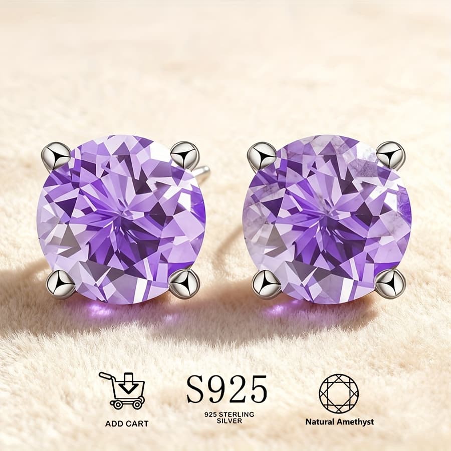 TEMU Natural Amethyst S925 Silver Earrings, Inlaid With Natural Amethyst, Lightweight, Hypoallergenic, And Durable, Bohemian Elegant Accessory