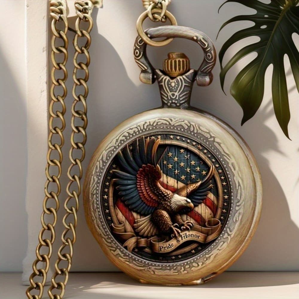 TEMU 1pc Vintage American Flag & Eagle Pocket Watch Fashion Quartz Pocket Watch With Chain, Creative Dressing Watch, Unique New Year Christmas Birthday Gift