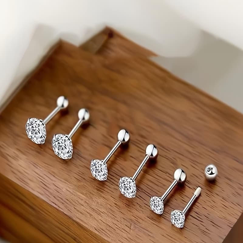 TEMU 3 Pairs/ Set Of Stylish Charm Screw Earrings - 925 Silver Plated Earrings Embellished With Shiny Synthetic Zirconia For Casual Attire