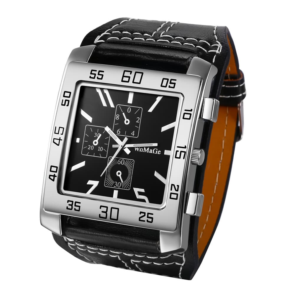 TEMU Men's Large Square Dial Quartz Watch, Elegant Pu Leather Strap Casual Sports Watch