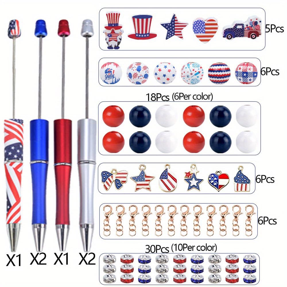 TEMU 6-set Patriotic Wooden Beads, 16mm Pattern Decorative Beads, Blue, White, And Red, With Holes, For Jewelry Making, Bracelets, Necklaces, And Crafts