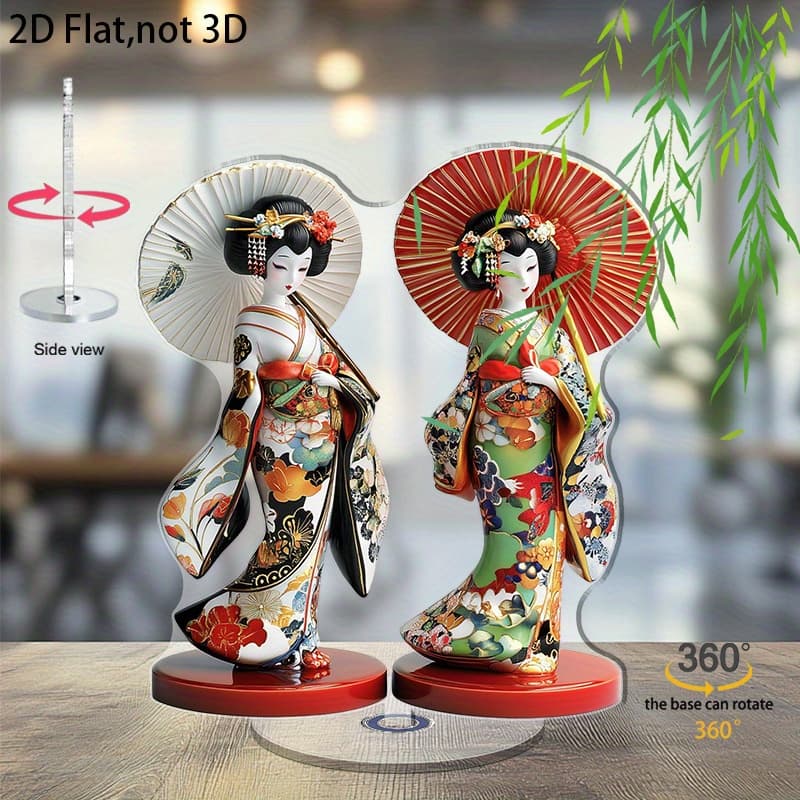 TEMU 2d Flat Acrylic Display Plaque, 1pc Intricately Japanese Geishas With Parasols Rotating Acrylic Desktop Decoration For Decor Or