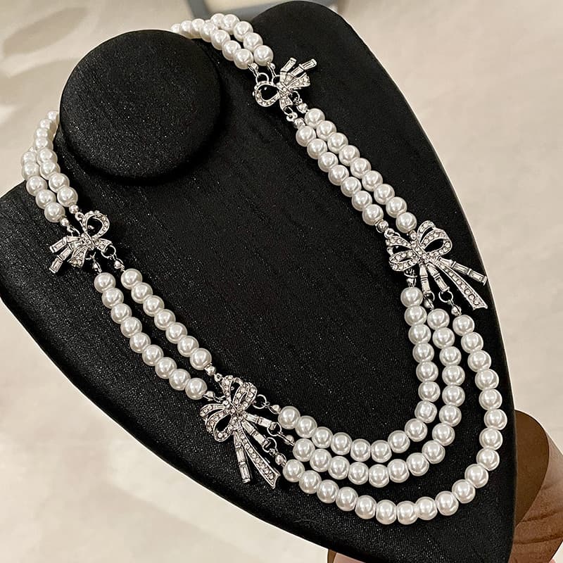 TEMU 1pc Elegant Luxury French Multilayer Synthetic Zirconia Bow Necklace Multilayer Clavicle Chain Women's Bridal Wedding Banquet High Jewelry