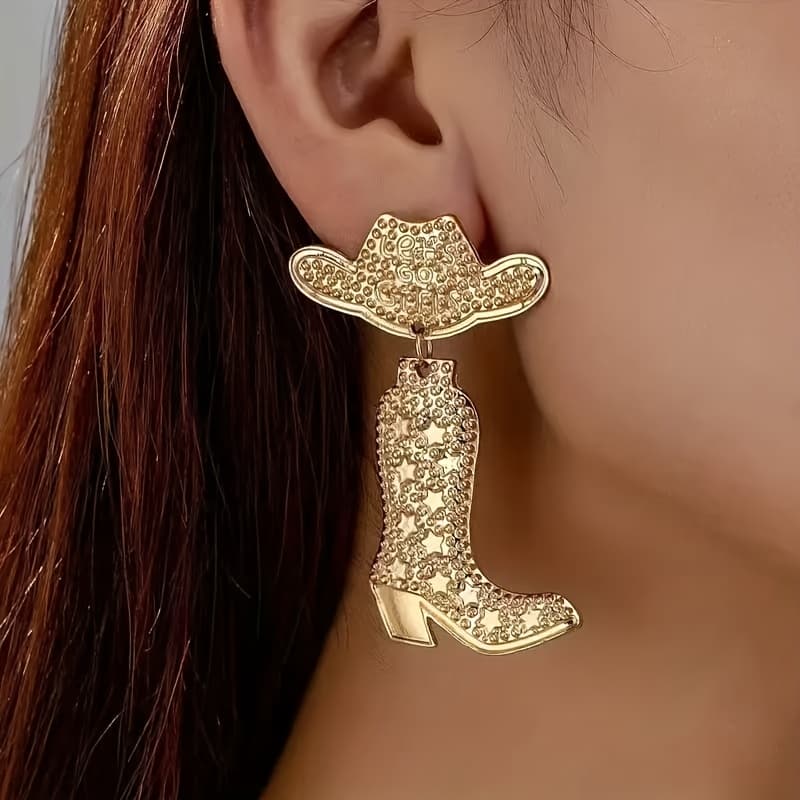 TEMU Pair Of Western Cowboy Hat, Boots And Earrings For Casual Attire, Casual Outfit, , Boho Chic, Vintage Style, Lightweight Hat, Quality , , Western Fans