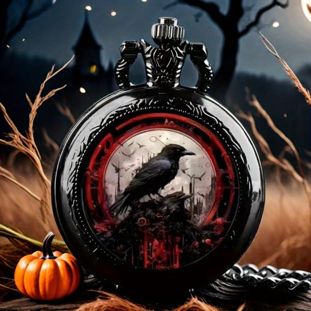 TEMU Elegant Black Necklace Pocket Watch, Halloween Style Creative Dressing Watch, Vintage Jewelry, Unique New Year Christmas Birthday Gift