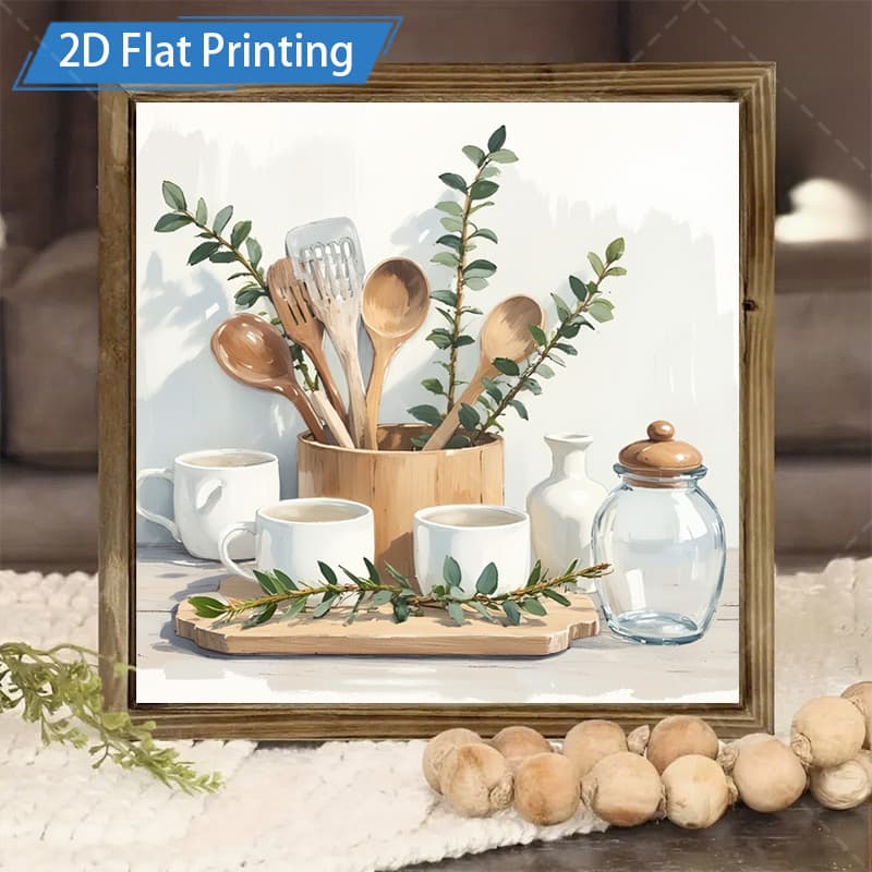 TEMU 2d Flat - [2d Flat ] 1pc Wooden Sign, 8x8inch Rustic Kitchen Still Life Art Wooden Utensils Cups Greenery Farmhouse Style Wall Art For Home Framed Wall Art Deco For Kitchen Bathroom Living Room