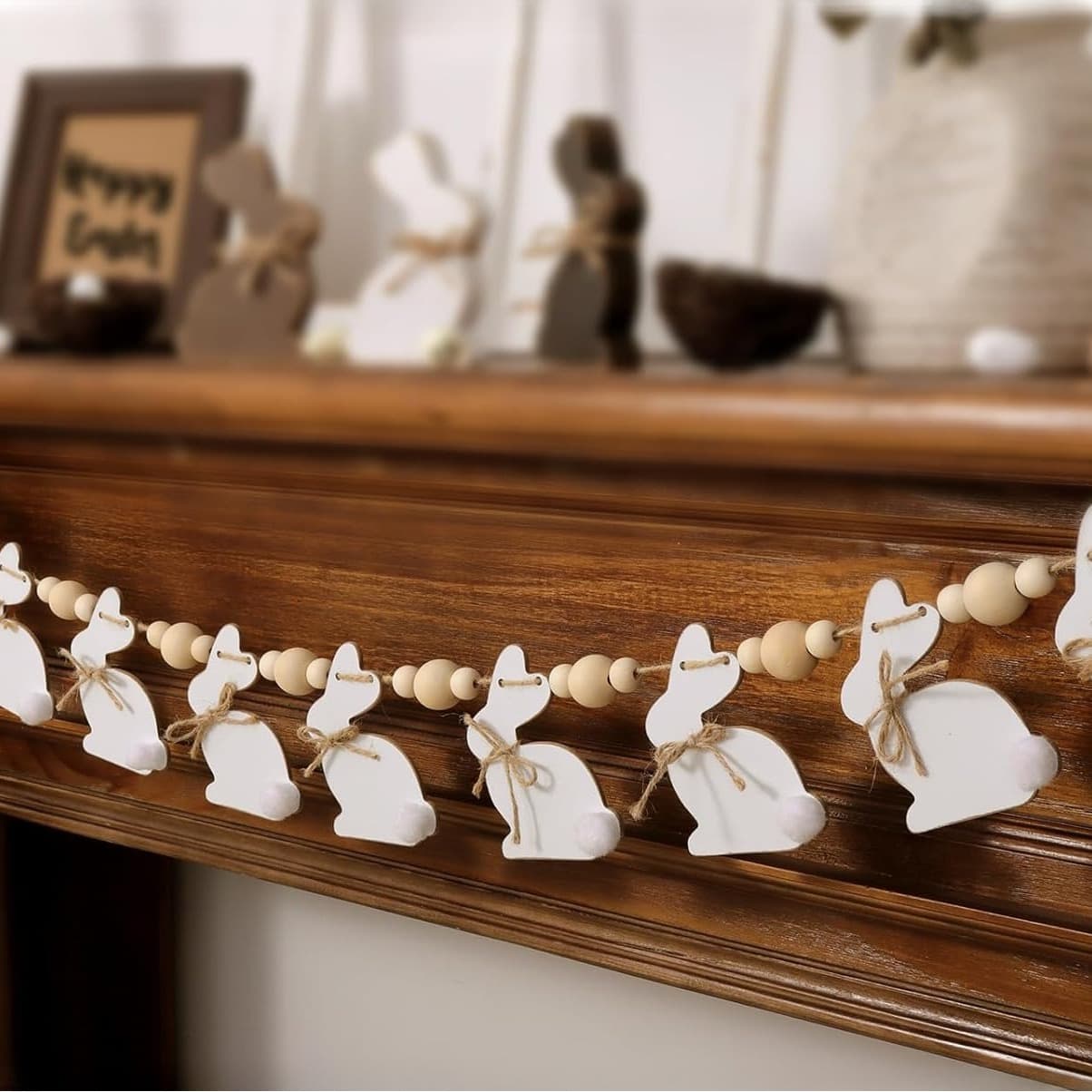 TEMU Cute Bunny Easter Garland With Wooden Beads | Rustic Banner For Mantel, Wall, Home, Office, School Indoor Outdoor Spring Decor Supplies By Pipitree