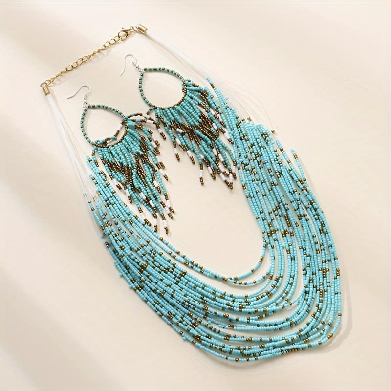 TEMU 3pcs Ethnic Style Multi Layer Rice Bead Necklace Tassel Earring Set Spring/ Bohemian Additions Women's Jewelry Set Party Concert Fashion Style Matching For Women