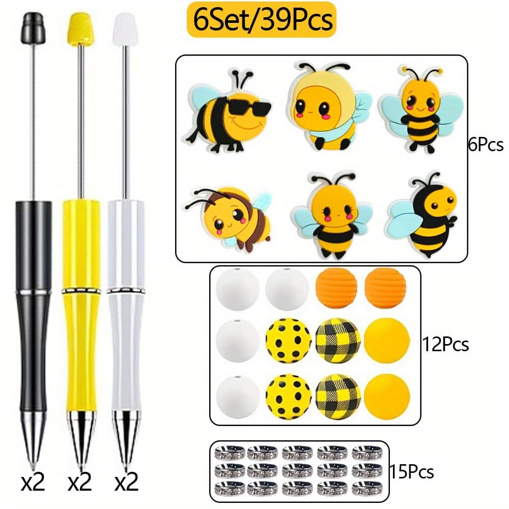 TEMU 6set Of Cartoon Bee Themed Ballpoint Pen Set 1mm Black Ballpoint Pen Set - Colored With Wooden And Silicone Bees, Tassel Pendant, Suitable For Diy Crafts, Office Supplies, And School Supplies