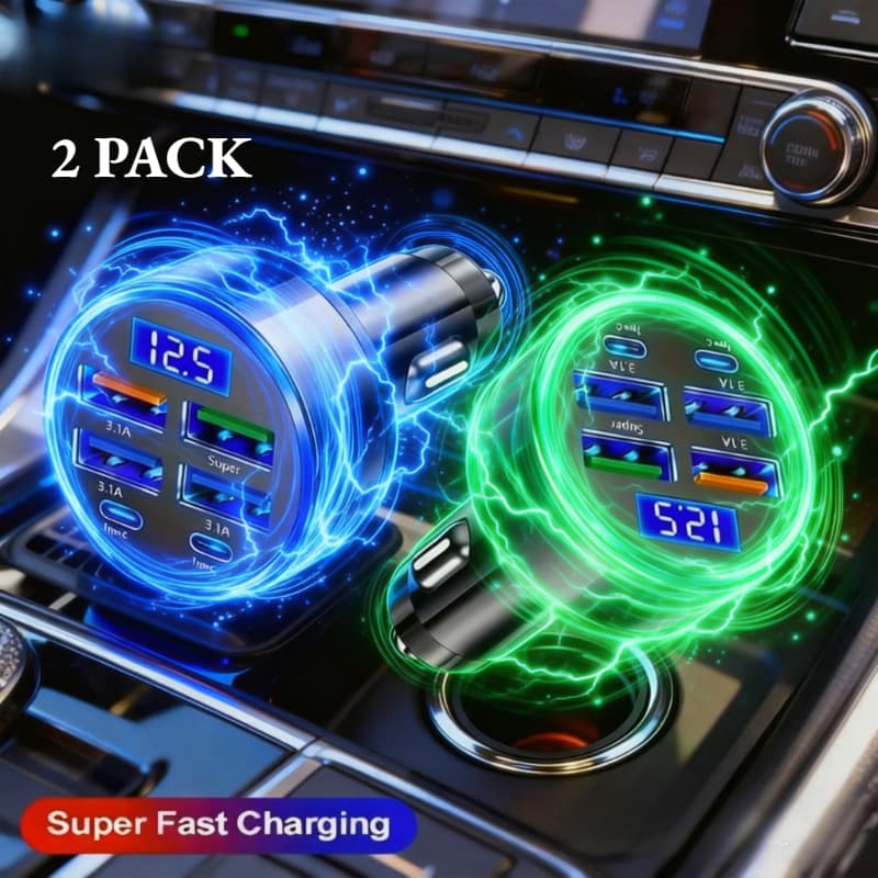 TEMU A 2pcs 7-in-1 Car Charger Featuring A Digital Display, Of Ultra-fast Charging With 6 Ports: 2 Type-c And 4 Usb, 36w Of Rapid Charging Multiple Devices