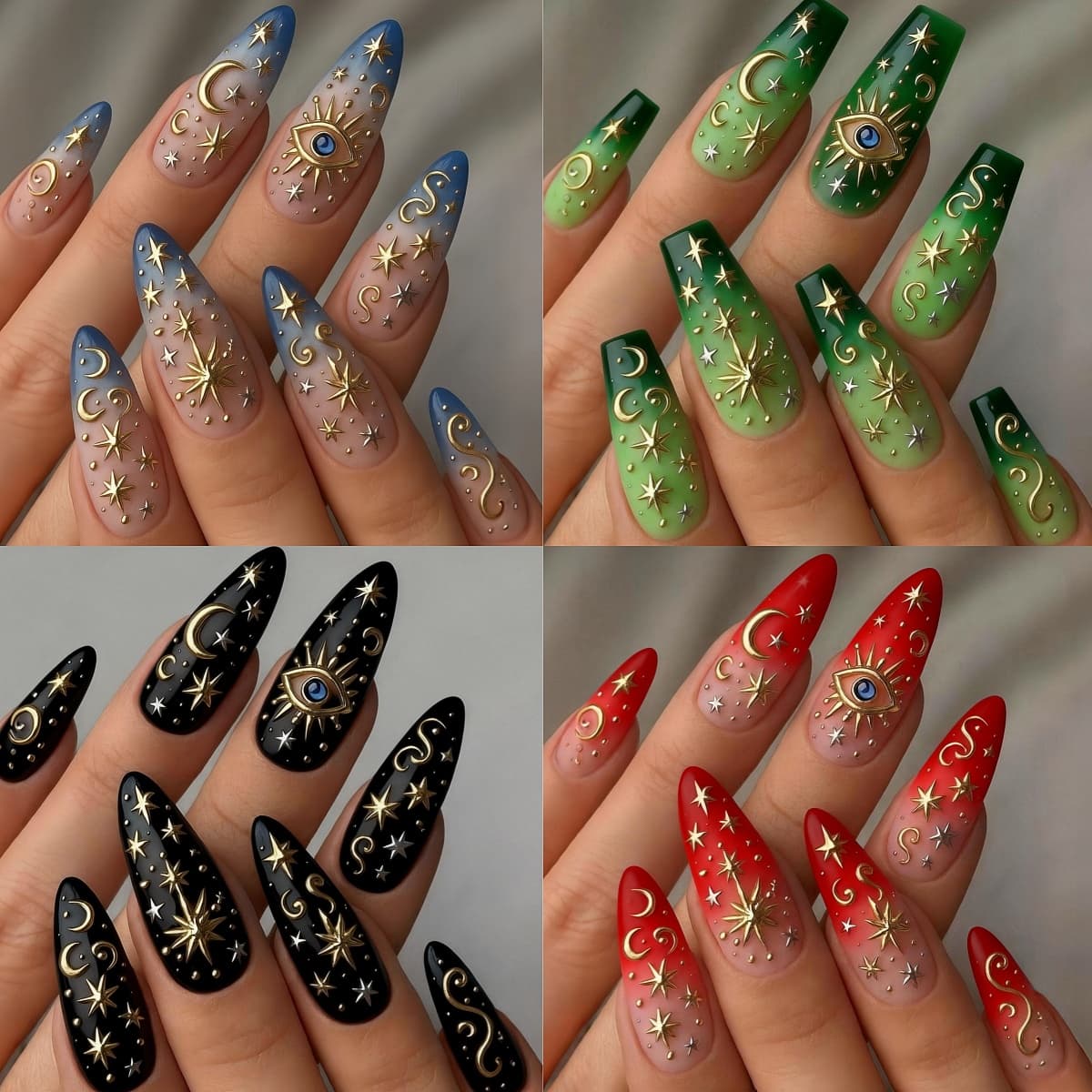 TEMU 96pcs Gilded Evil Eye Star Moon Blue Green Black Red Gradient Design Press-on Nails, Medium-length Almond Shape, Long , Glossy Finish, Reusable, Removable Fake Nails, Press-on Nails For Women