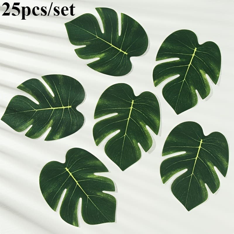TEMU 25 Leaf Decorations, Artificial Monstera Leaves, Plastic. For Hawaiian Parties, Jungle Or Beach Themes. Summer Party Table Decoration. No Power Supply Needed