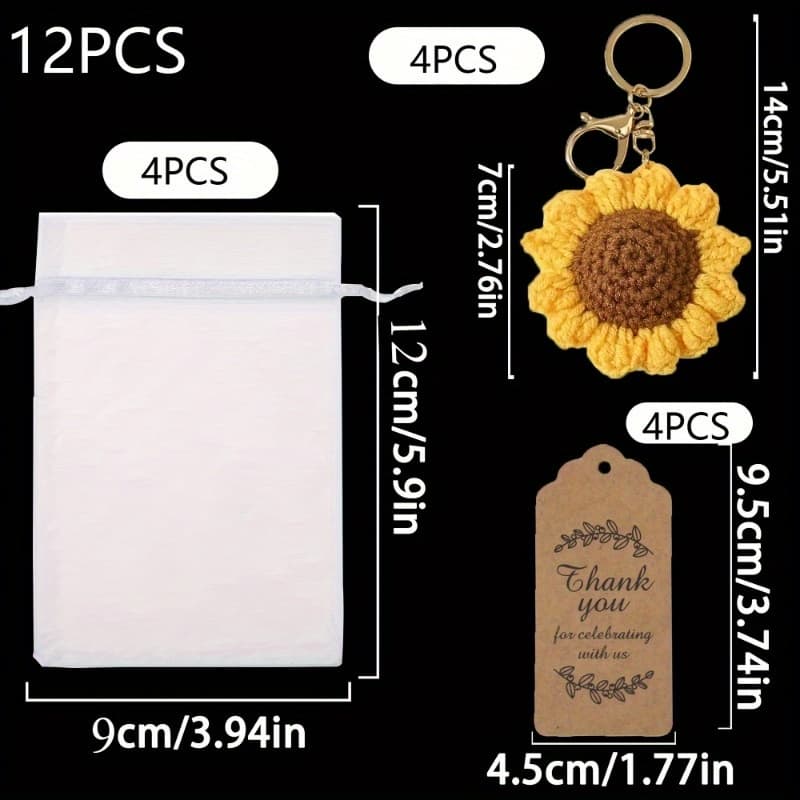 TEMU 12pcs Crochet Sunflower Keychain Gift Box, Including 4 Handmade Sunflower Keychains + 4 Thank You Cards + 4 Burlap Bags, Holiday/ Graduation Gifts For , Gifts, Party Gifts, Christmas Gifts