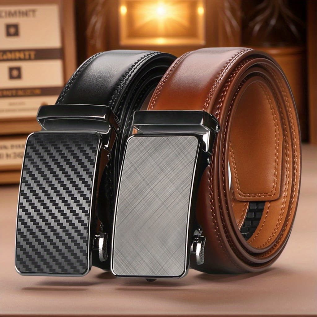 TEMU 2-pack Men's Genuine Leather Belt With Automatic Ratchet - Adjustable, & Casual Wear - Perfect Christmas Gift