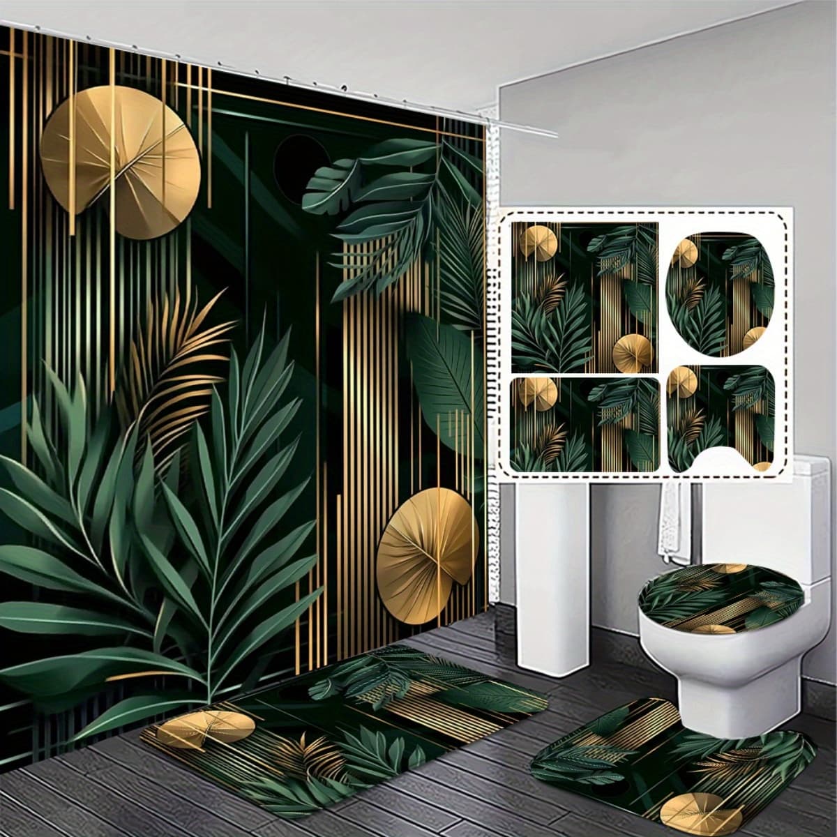 TEMU 1/3/4pcs, Bohemian Style 2d Curtain Set With Matching Bath Rugs - Tropical Leaf Design For Modern Bathroom Decor Exquisite And Decoration Gifts.