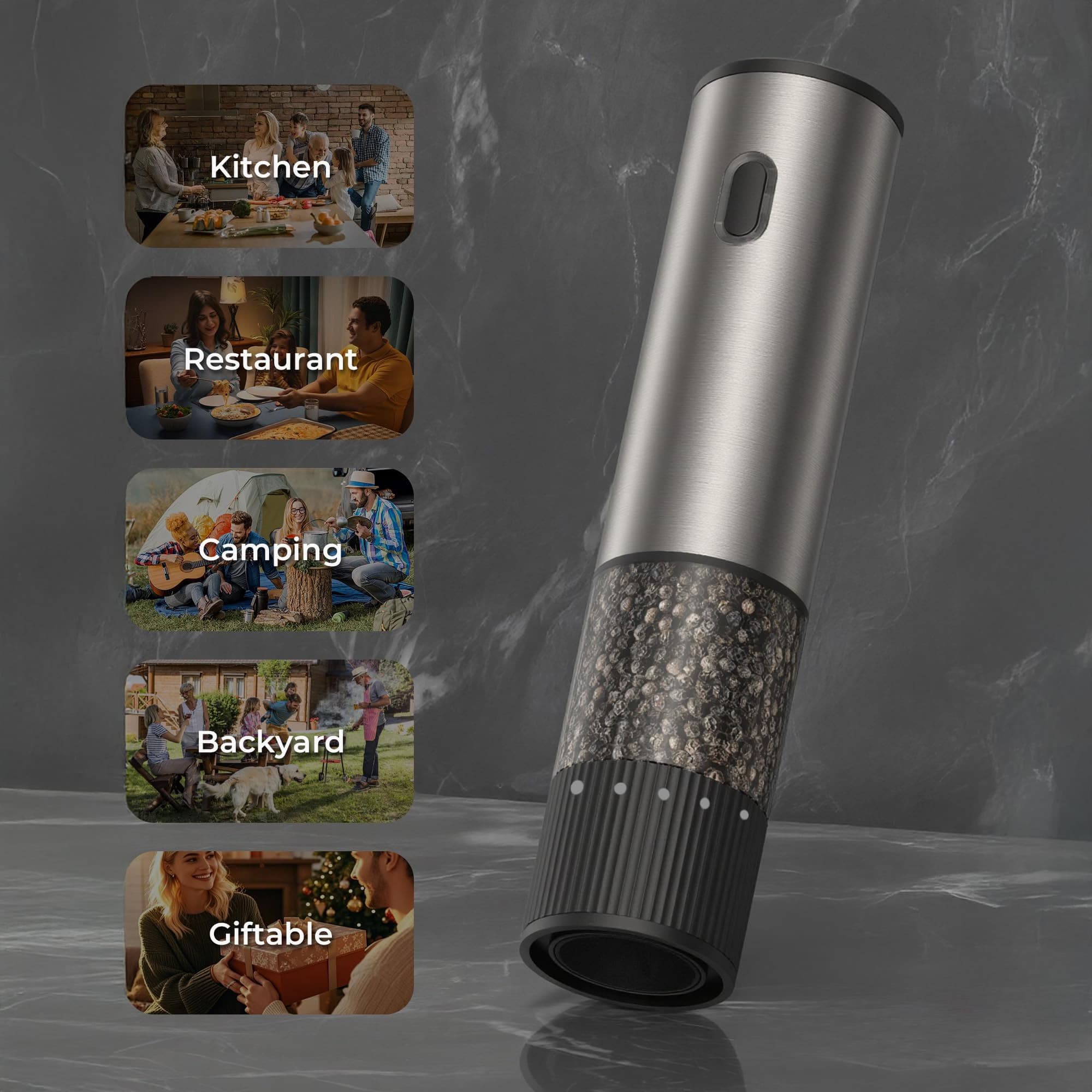 TEMU Electric Pepper Mill, Usb-c Rechargeable, One-hand Operation, 5-level Adjustable Coarseness, Single Electric Pepper/ Grinder For Kitchen Cooking And Outdoor Bbq (1pc)