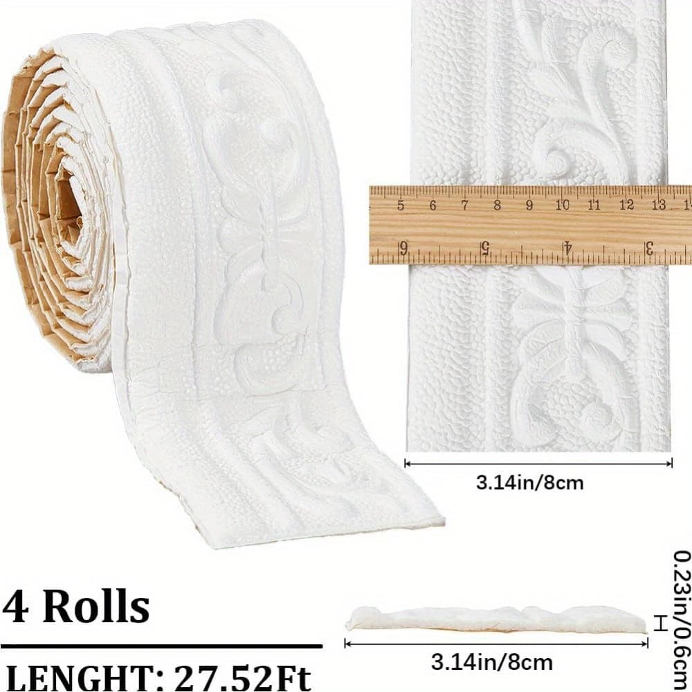 TEMU 4pcs Peel And Stick Crown Decorative Roll, Flexible Self-adhesive Foam Decor, 3d Wallpaper Border, White Vintage Decorative Wall Edge, 330" X 3.1" With Box, For, Home, Hotel