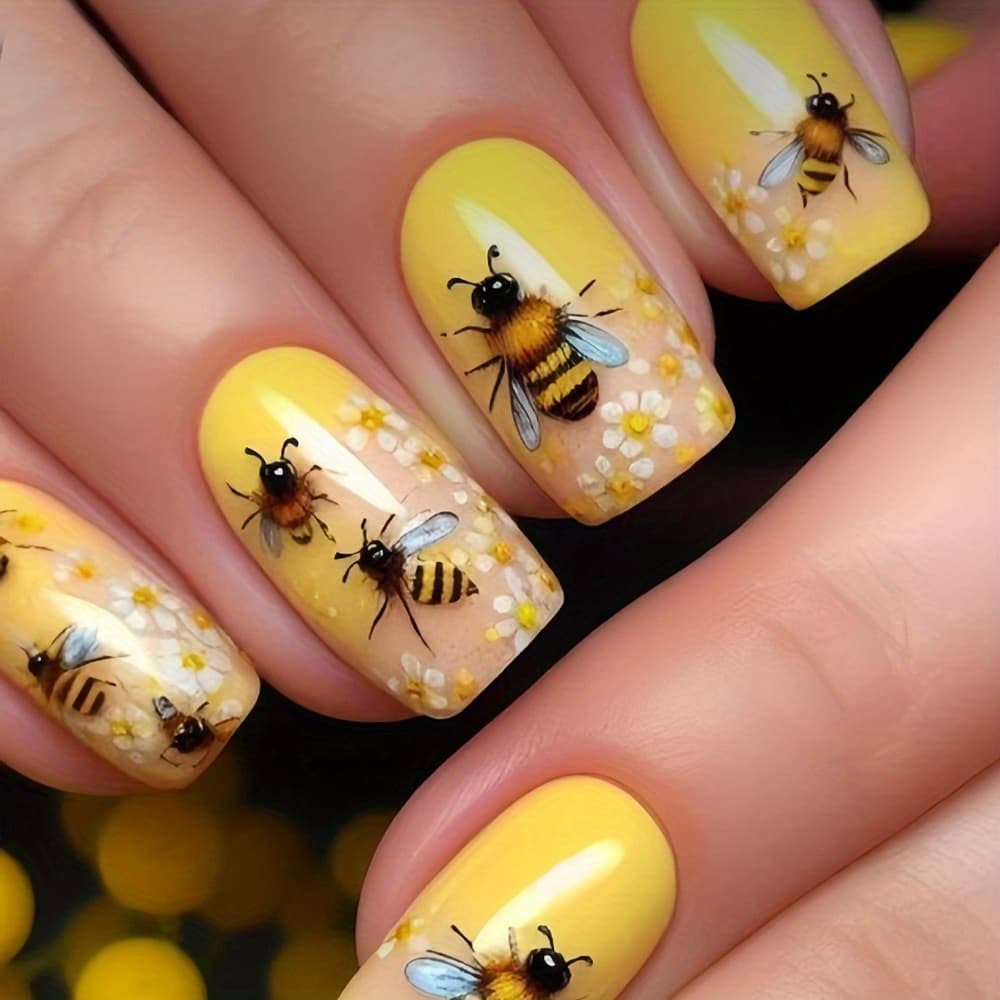 TEMU [elegant False Nails] 48pcs Elegant Yellow Glossy Flower Bee Dot False Nails | Classic Chinese--on Nail Set For Women' Wear And Summer - Includes Jelly Glue And File