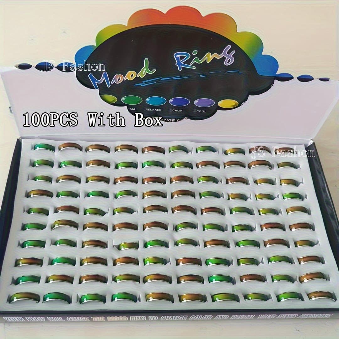 TEMU 100pcs Mood Rings Included Box Size 6 Vintage Mixed Color Random Changing Emotion Rings Sensitive For Teenagers Women Men Christmas Gifts Birthday Party Favors Costume Props