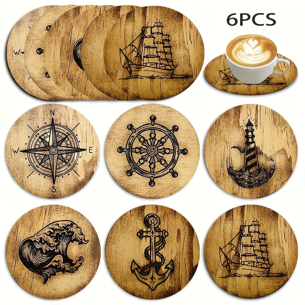 TEMU 6pcs Nautical Theme Wooden Coasters – Heat Resistant Mats, Suitable For Home, Coffee Shops, Afternoon Tea – Ideal For Room Decor, Themed Parties, Holiday Gifts